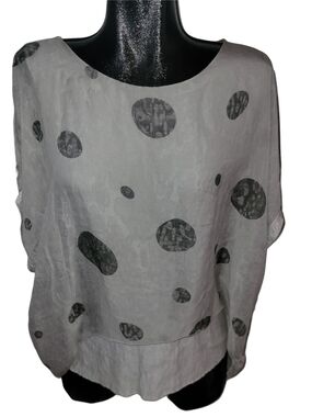 Elena Baldi 100% Silk Light Gray Polka Dot And Sequins Short Sleeve Top Size S